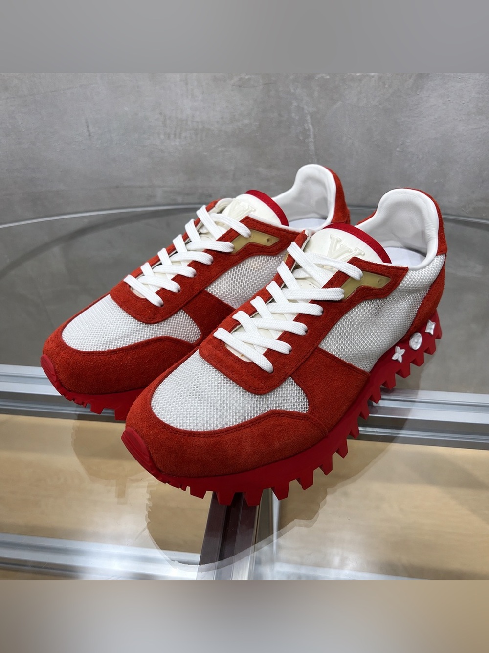 Louis Vuitton Women's Red and White Suede Mesh Sneakers